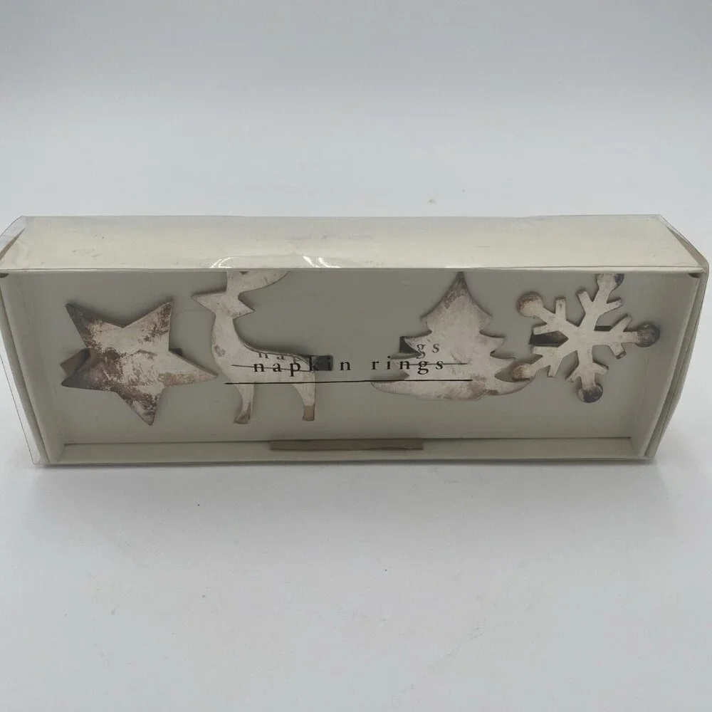 4 Pier 1 Imports Christmas Silver Plated Napkin Rings Star Tree Snowflake Deer